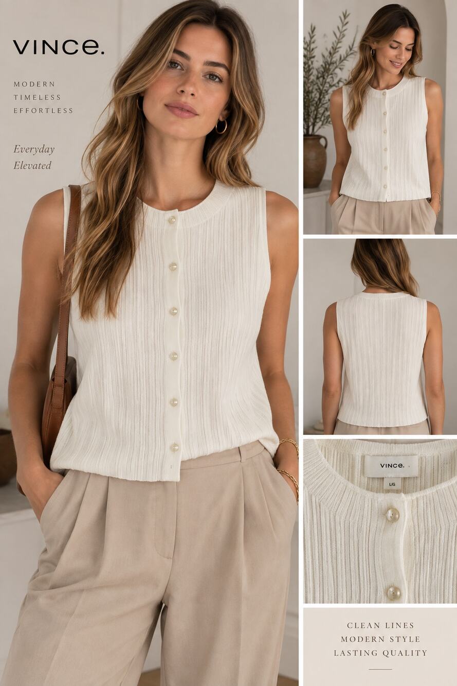 Vince Womens L Ribbed Italian Cotton Blend Button Front Sweater Shell Ivory